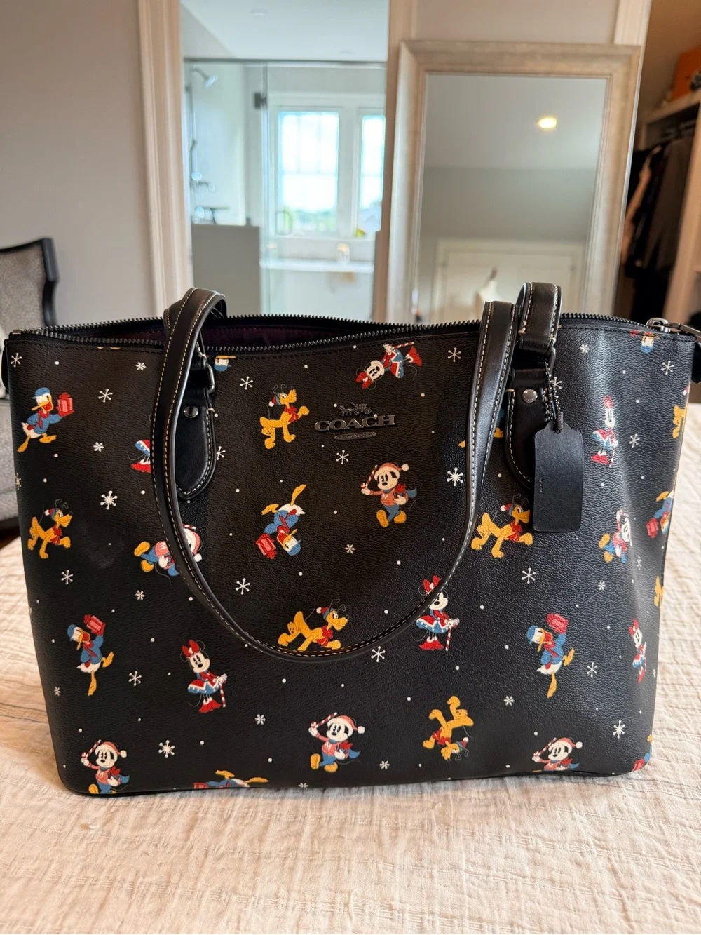 Coach X Disney Black Leather Gallery Tote with Disney Christmas Character Print